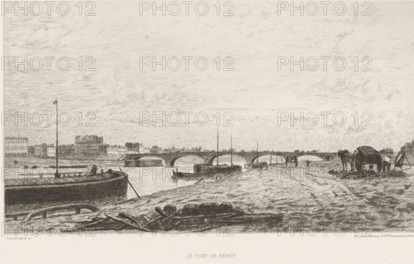 View of the Pont de Bercy, Le pont de Bercy, French etchings from 1875, L'eau-forte en 1875, print, Series number, 32, 40, collector's mark: 'AFE v S', printmaker: Alphonse Louis Pierre Trimolet, publisher: Alfred Cadart, Paris, 1875, paper, etching, drypoint, intaglio printmaking technique, height 207 mm x width 314 mm, bridge, A wide riverside scene rendered in fine lines showing a multi-arched stone bridge spanning the water, with several small boats and barges moored or floating near the arches. Along the near bank there are coiled ropes and timber planks scattered on the ground, a low quay or jetty with a flagpole rising from it, and a cluster of figures and a horse near a large covered cart. On the far bank a row of buildings of varying heights lines the shore, and additional boats and upright masts are visible in the water. The sky is filled with textured, streaked cloud patterns created by short, curved hatch marks.
