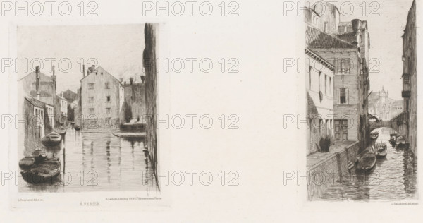 View of a canal in Venice, À Venise, French etching from 1875, L'eau-forte en 1875, print, Series number, 34, 40, printmaker: Léon Gaucherel, after design by Léon Gaucherel, publisher: Alfred Cadart, Paris, 1875, Léon Gaucherel, Alfred Cadart, printmaker, publisher, paper, etching, drypoint, intaglio printmaking technique, drypoint and plate tone on uncut sheet, height 140 mm x width 119 mm, canal, Venice, A wide, pale sheet shows two narrow, vertical ink drawings of urban waterways separated by blank space, each depicting buildings lining a canal with small rowboats moored along the edges; the left drawing features a calm canal reflecting facades and boats, simple multi-story buildings with small windows and chimneys, and a narrow passage of water leading toward distant structures, while the right drawing shows a tighter canal flanked by taller, closely spaced buildings with shutters and tiled roofs, a small arched bridge spanning the water, and several gondola-like boats with figures...