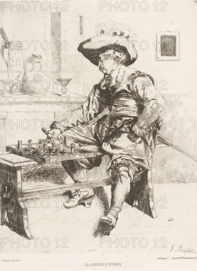 Le joueur d'échecs, Chess player, French etchings from 1875, L'eau-forte en 1875, print, Series number, 36, 40, collector's mark: 'AFE v S', printmaker: Ferdinand Roybet, after design by Ferdinand Roybet, publisher: Alfred Cadart, Paris, 1875, Ferdinand Roybet, Alfred Cadart, printmaker, publisher, paper, etching, drypoint, intaglio printmaking technique, height 261 mm x width 196 mm, chess, A seated man wearing a broad, feathered hat and loose, layered clothing occupies the foreground, one leg crossed over the other and one hand resting on his hip while the other reaches toward a tabletop game board; his facial hair and curly hair under the hat are visible. The table holds a game board with small figurines, and nearby are a jug, a lidded pitcher, and two stemmed glass vessels. A simple framed square hangs on the wall behind the man, and a bench or ledge is visible beneath the table. The image is rendered in fine, detailed line work with a restrained palette.