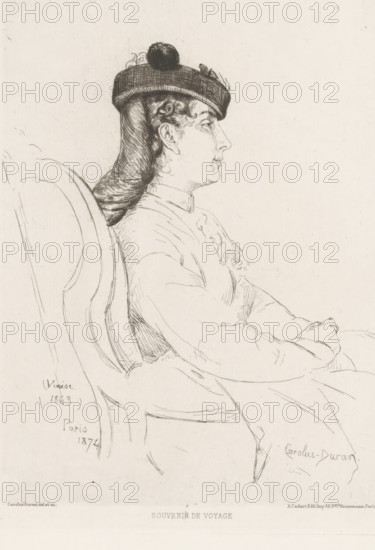 Souvenir de voyage, Portrait of an unknown woman from Venice, L'eau-forte en 1875, French etchings from 1875, print, Series number, 37, 40, collector's mark: 'AFE v S', printmaker: Emile Auguste Carolus-Duran, publisher: Alfred Cadart, Paris, 1875, paper, etching, drypoint, intaglio printmaking technique, height 257 mm x width 200 mm, historical persons not known by name - BB - woman, sitting figure - AA - female human figure, Venice, A seated woman is shown in profile facing right, wearing a rounded hat with a pompom and a long veil or fabric draped down her back; her hair is visible in short curls at the temple and behind the ear. She wears a high-collared dress with a decorative element at the chest and her hands rest in her lap. The chair back behind her has curved lines and the drawing is rendered in fine, sketch-like ink strokes on a pale background.