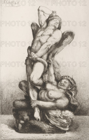 Naked man captured by snake and naked woman, Les liens du mal, L'eau-forte en 1875, French etching from 1875, print, Series number, 39, 40, collector's mark: 'AFE v S', printmaker: François Nicolas Chifflart, publisher: Alfred Cadart, Paris, 1875, paper, etching, drypoint, intaglio printmaking technique, height 290 mm x width 196 mm, snakes, the (nude) human figure, 'Corpo humano' (Ripa), A detailed monochrome etching of two intertwined human figures arranged vertically, the upper figure leaning back with a head tilted upward and an arm bent behind the head, the lower figure cradling and supporting the upper figure while reclining with a serene facial expression and long curly hair; both figures are rendered with fine crosshatching to show musculature and shading, and the composition includes a draped cloth around the lower figure and textured wings or winglike forms behind the upper figure, all set against a plain background with areas of linear shading.