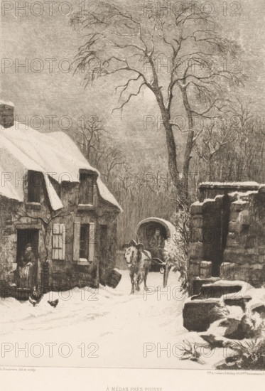 À Médan près Poissy, Village in the snow, French etchings from 1876, L'eau-forte en 1876, print, Series number, 12, 30, collector's mark: 'AFE v S', watermark, printmaker: Charles-Joseph Beauverie, publisher: widow Alfred Cadart, Paris, 1876, paper, etching, drypoint, intaglio printmaking technique, height 322 mm x width 241 mm, snow, village, Médan, A snowy village scene rendered in fine pen lines shows a thatched cottage with snow on its roof and shutters on its windows, a person standing in the doorway, and a few chickens on the snow-covered ground. A large bare tree rises beside a stone archway through which a horse pulling a cart is being led by a figure seated on the vehicle. Stone structures and low walls dusted with snow frame the right side of the scene, and distant bare trees form a textured background under a cloudy sky.