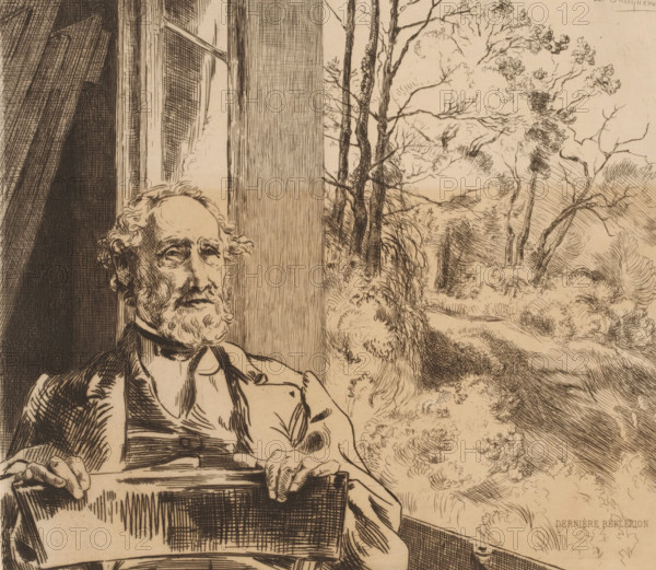 Portrait of Jacob Meyer-Heine, Dernière reflexion, L'eau-forte en 1876, French etching from 1876, print, Series number, 13, 30, Man on chair overlooking a forest., collector's mark: 'AFE v S', watermark, printmaker: Félix Bracquemond, publisher: widow Alfred Cadart, Paris, 1876, paper, etching, drypoint, intaglio printmaking technique, height 217 mm x width 244 mm, Person, Jacob Meyer-Heine, historical persons, portrait, self-portrait of artist, forest, wood, A sepia-toned ink drawing showing an older man with a beard and mustache seated and holding the back of a chair, his facial features rendered with fine lines and a contemplative expression, wearing a jacket and vest with a bow at his neck; to his left a tall paneled window or door with crosshatched shading and heavy drapery; to his right a vertical wooden column separating him from a detailed landscape of slender trees, winding path, and dense foliage depicted with flowing, curving strokes.