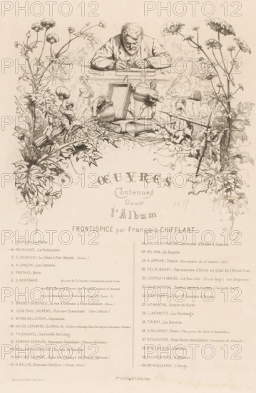 Etcher at work surrounded by fantasy creatures, Oeuvres contenues dans l'Album, French etchings from 1877, L'eau-forte en 1877, print, collector's mark: 'AFE v S', printmaker: Maurice Leloir, after design by Maurice Leloir, publisher: widow Alfred Cadart, Paris, 1877, widow Alfred Cadart, Maurice Leloir, printmaker, publisher, paper, etching, drypoint, height 322 mm x width 241 mm, portrait, self-portrait of graphic artist, spirit of the earth, gnome, troll, A sepia-toned illustration showing an older man leaning over a desk with his head bowed and hands near a small object, surrounded by ornate botanical drawings with large flowering plants and leaves framing the scene, small playful miniature figures interacting with oversized art tools and books scattered on the desk, decorative foliage entwined with tiny human figures and instruments extending downwards, and a block of printed columns of text below the central illustration.