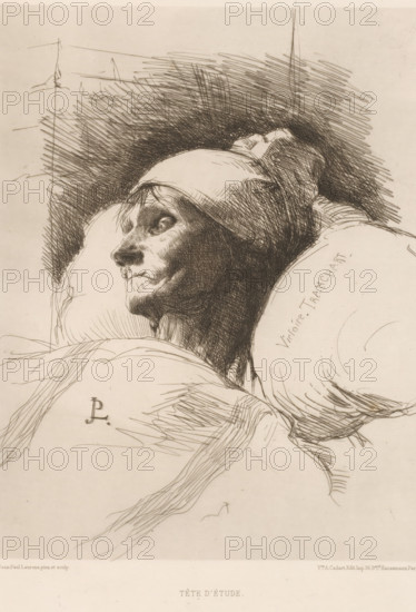 Tête d'étude, Victoire Tranchart on her deathbed, French etchings from 1877, L'eau-forte en 1877, print, collector's mark: 'AFE v S', printmaker: Jean Paul Laurens, after design by Jean Paul Laurens, publisher: widow Alfred Cadart, Paris, 1877, Jean Paul Laurens, widow Alfred Cadart, printmaker, publisher, paper, etching, drypoint, intaglio printmaking technique, height 280 mm x width 198 mm, Person, Victoire Tranchart, historical persons - BB - woman, old woman, deathbed, lying figure - AA - female human figure, A detailed pen-and-ink drawing of a person’s head and shoulders viewed in profile, the face turned upward and to the left, with pronounced shading and crosshatching defining the cheekbones, nose, and eye sockets; the figure wears a cap with a soft rounded top and a gathered back, and is surrounded by voluminous folds of fabric or cushions that frame the head; dense diagonal and circular hatch marks fill the background behind the head, while lighter, sketchy lines suggest drape...