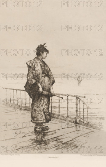 Japonaise, Standing woman in Japanese dress, L'eau-forte en 1877, French etching from 1877, print, collector's mark: 'AFE v S', printmaker: Etienne Prosper Berne-Bellecour, publisher: widow Alfred Cadart, Paris, 1877, paper, etching, drypoint, intaglio printmaking technique, height 280 mm x width 198 mm, adult woman, water course, parasol, sunshade, Japanese (costume), A monochrome sketch of a woman standing on a wooden deck beside a railing, shown in profile facing right and wearing a patterned robe with wide sleeves and an obi tied at her waist, her hair arranged with several sticks and curls, hands holding a folded parasol that rests against the railing, wooden sandals on her feet, faint reflections of her feet on the wet planks, a distant small boat visible on calm water beyond the railing, and simple horizon lines in the background.