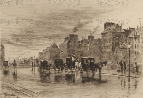 A matinée d'hiver au quai de l'Hôtel Dieu, Street view in the rain, L'eau-forte en 1877, French etchings from 1877, print, collector's mark: 'AFE v S', printmaker: Félix Hilaire Buhot, publisher: widow Alfred Cadart, Paris, 1877, paper, etching, drypoint, intaglio printmaking technique, height 237 mm x width 319 mm, four-wheeled vehicle drawn by one animal, city-view, and landscape with man-made constructions, rain, Hôtel-Dieu (Paris), A sepia-toned city street scene rendered in fine lines showing a wet reflective roadway with horse-drawn carriages lined along the curb, drivers seated on some of the carriages, and horses standing beside them. Tall blocky buildings with varied rooflines and chimneys form a dense background, with smoke rising from several chimneys into a heavily hatched sky. Street lamps line the sidewalk and a few pedestrians with umbrellas walk along the wet pavement, their reflections visible on the surface. The overall image emphasizes linear crosshatching and reflec...