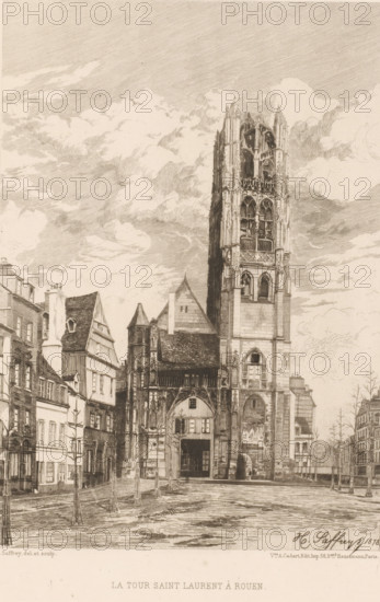 View of the tower of Saint-Laurent in Rouen, La tour saint Laurent à Rouen, French etching from 1877, L'eau-forte en 1877, print, collector's mark: 'AFE v S', printmaker: Henri Alexandre Saffrey, publisher: widow Alfred Cadart, Paris, 1877, paper, etching, drypoint, intaglio printmaking technique, height 281 mm x width 200 mm, tower, clock tower, monumental adornment, Rouen, A detailed pen-and-ink scene shows a tall, ornate stone tower with Gothic arches and open tracery rising above a cluster of adjoining buildings, the tower's facade featuring pointed windows and decorative stonework while the lower entrance sits beneath an archway; surrounding the tower are narrow, multi-story houses with steeply pitched roofs, timber framing, and chimneys, lining a broad plaza that has young leafless trees supported by stakes; the sky above is filled with textured, swirling clouds rendered with fine hatching, and the foreground pavement shows linear shading and subtle irregularities.