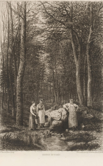 Two women and a man at a source, Source en forêt, French etchings from 1877, L'eau-forte en 1877, print, collector's mark: 'AFE v S', printmaker: Adolphe Martial Potémont, publisher: widow Alfred Cadart, Paris, 1877, paper, etching, drypoint, intaglio printmaking technique, height 278 mm x width 197 mm, forest, wood, spring, source of river or stream, A detailed black and white etching of a forest clearing with tall trees and dense foliage rising on either side and forming a canopy overhead, a small stream in the foreground bordered by grass and rocks, a large mossy rock beside the stream, and three women standing near the rock wearing long dresses and aprons, two of them holding metal buckets and the third leaning with her hands on her hips beside a jug placed on the ground.