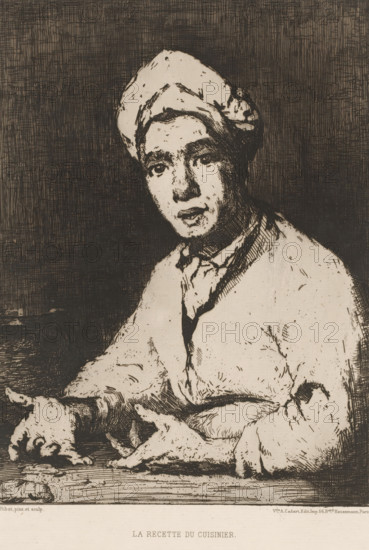 Young chef explaining a recipe, La recette du cuisinier, L'eau-forte en 1877, French etching from 1877, print, collector's mark: 'AFE v S', printmaker: Théodule Augustin Ribot, publisher: widow Alfred Cadart, Paris, 1877, paper, etching, drypoint, intaglio printmaking technique, height 267 mm x width 182 mm, cook, A monochrome etching shows a person seated at a table wearing a wrapped head covering and a loose, light-colored garment with a dark collar or scarf; the face is rendered with dark lines and shading, showing eyes looking forward and slightly parted lips, with detailed line work indicating facial features and hair under the head covering. The person's arms rest on the table, hands extended forward with fingers visible and detailed crosshatching on sleeves and hands. A small animal, appearing to be a cat, lies on the table near the hands with its body and face outlined in the same etched style. The background is filled with dense vertical and horizontal hatch marks creating a t...