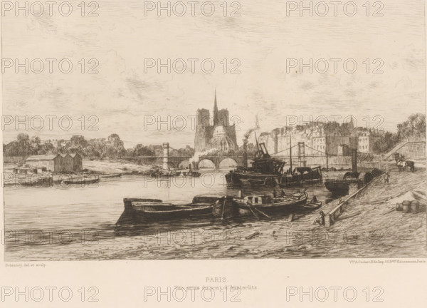 View of Notre-Dame, Paris, Vue prize du pont d'Austerlitz, L'eau-forte en 1877, French etchings from 1877, print, collector's mark: 'AFE v S', printmaker: Alfred Alexandre Delauney, after design by Alfred Alexandre Delauney, publisher: widow Alfred Cadart, 1877, Alfred Alexandre Delauney, widow Alfred Cadart, printmaker, publisher, paper, etching, drypoint, intaglio printmaking technique, height 199 mm x width 279 mm, church (exterior), bridge in city across river, canal, Notre-Dame (Paris), A riverside scene rendered in fine linework showing moored boats along a sloped embankment, a cluster of barges and a larger vessel with a smokestack, a stone bridge spanning the river with arched openings, a large cathedral with twin towers and a tall spire visible beyond the bridge, rows of buildings and rooftops along the far bank, trees and small structures near the water, a figure seated on the embankment edge and another figure standing nearby, a person with two horses further along the bank,...