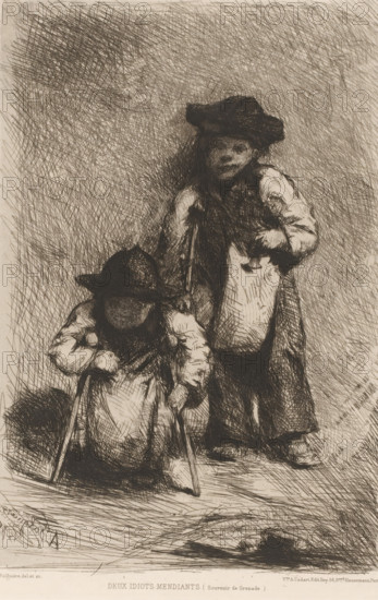 Two beggars, Deux idiots mendiants, L'eau-forte en 1877, French etchings from 1877, print, collector's mark: 'AFE v S', Beraldi, printmaker: Alexandre Falguière, publisher: widow Alfred Cadart, Paris, 1877, paper, etching, drypoint, intaglio printmaking technique, height 279 mm x width 195 mm, beggar, A monochrome etching shows two figures wearing wide-brimmed hats and long garments, one standing and one bent forward, both holding simple walking sticks, rendered with dense crosshatching and varied linework; the standing figure's face is partially visible beneath the hat and a long coat drapes around the body, while the bent figure's head is lowered and the clothing appears layered and worn, with dark shadows beneath and around both figures and a textured, heavily hatched background filling the upper area of the image.