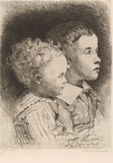 Pierre et Paul, Portrait of Jean Pierre and Paul Albert Laurens, French etchings from 1878, L'eau-forte en 1878, print, Portrait of two boys, the artist's sons., collector's mark: 'AFE v S', watermark, printmaker: Jean Paul Laurens, after design by Jean Paul Laurens, publisher: widow Alfred Cadart, Paris, 1878, Jean Paul Laurens, widow Alfred Cadart, printmaker, publisher, paper, etching, drypoint, intaglio printmaking technique, height 277 mm x width 198 mm, Person, Jean Pierre Laurens, Paul Albert Laurens, historical persons, boy (child between toddler and youth), toddler (male), brothers (second degree family relationships), A detailed black and white line drawing of two children in profile, one younger with curly hair and a round face positioned slightly in front of an older child with straighter hair and a longer face, both facing to the right; intricate crosshatching creates a dark background halo around their heads and fine lines define facial features, hair texture, and clothin...