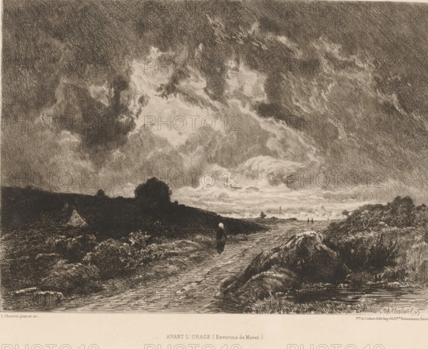 Landscape with dark clouds, Avant l'orage, L'eau-forte en 1878, French etchings from 1878, print, Series number, 7, 30, watermark, collector's mark: 'AFE v S', printmaker: Théophile Chauvel, after design by Théophile Chauvel, publisher: widow Alfred Cadart, Paris, 1878, Théophile Chauvel, widow Alfred Cadart, printmaker, publisher, paper, etching, drypoint, intaglio printmaking technique, height 239 mm x width 317 mm, landscapes, storm on land, A dark, heavily clouded sky fills most of the image with swirling, textured cloud formations in varying shades, dominating the scene above a low, shadowed landscape; a narrow, winding path runs from the foreground toward the distant shore, flanked by rocky terrain and dense, low vegetation, with a small solitary figure walking along the path toward the water; to the left a simple thatched cottage sits against a hillside with a rounded tree silhouette nearby, while the shoreline in the distance shows a few small, indistinct boats on the water and...