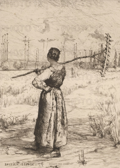 Woman with rake in field, Return of the fields, French etchings from 1878, Water-based in 1878, print, Series number, 9, 30, collector's mark: 'AFE v S', watermark, printmaker: Jules Bastien-Lepage, after design by Jules Bastien-Lepage, publisher: widow Alfred Cadart, Paris, 1878, Jules Bastien-Lepage, widow Alfred Cadart, printmaker, publisher, paper, etching, drypoint, intaglio printmaking technique, height 277 mm x width 199 mm, agricultural implements: rake, A sepia-toned etching shows a woman seen from behind standing in a field, wearing a long dress with a fitted bodice and rolled sleeves, her hair gathered at the back of her head. She holds a long pole across her shoulders with one hand, the pole extending outward and ending in a ladderlike rake. The landscape around her is flat with tufts of grass and narrow paths, scattered low bushes, and thin tall trees with bare trunks reaching into a sky filled with wispy clouds and fine hatch marks. The ground near her feet shows textured...