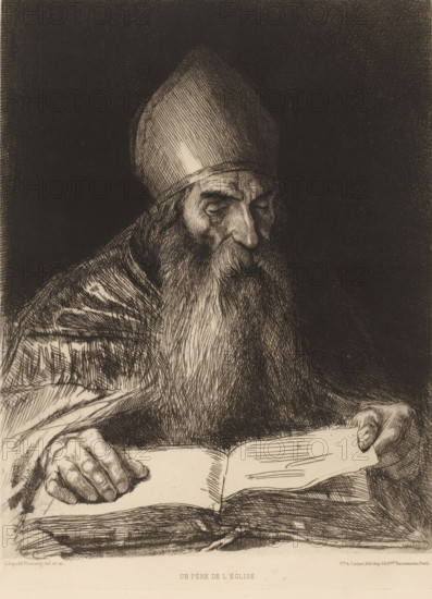 Reading bishop, Un père d'église, French etching from 1878, L'eau-forte en 1878, print, Series number, 10, 30, collector's mark: 'AFE v S', watermark, printmaker: Léopold Flameng, after design by Léopold Flameng, publisher: widow Alfred Cadart, Paris, 1878, Léopold Flameng, widow Alfred Cadart, printmaker, publisher, paper, etching, drypoint, intaglio printmaking technique, height 293 mm x width 218 mm, archbishop, bishop, etc. (Roman Catholic), reading the Bible or other religious books, A sepia-toned etching of an elderly man wearing a tall rounded hat and a long flowing beard, shown from the chest upward and looking downward at an open book he holds with both hands; his face is rendered with dense crosshatching, his heavy-lidded eyes and furrowed brow visible, and his robe has textured folds and shading; the book pages are blank of visible text and his hands rest on and beside the pages, the background is dark and heavily shaded, and a thin lighter border surrounds the image.