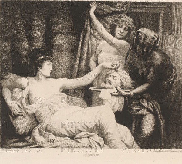 Hérodias with the head of John the Baptist, Hérodiade, French etchings from 1878, L'eau-forte en 1878, print, watermark, collector's mark: 'AFE v S', printmaker: Paul Rouffio, publisher: widow Alfred Cadart, Paris, 1878, paper, etching, drypoint, intaglio printmaking technique, height 239 mm x width 274 mm, the head of John the Baptist on a platter, A monochrome etching shows a reclining figure draped in fabric reaching toward a severed head held on a platter by a standing figure; a second standing figure lifts a curtain above the reclining figure, revealing the scene. The reclining figure has short, curled hair and a headband, and is partially covered by a patterned blanket and pillows. The severed head rests on the platter with closed eyes and a beard, and the servers have distinct hairstyles and draped garments. Heavy crosshatched shading defines the background curtains and folds of cloth, and the composition concentrates on the interaction between the three figures and the detailed...