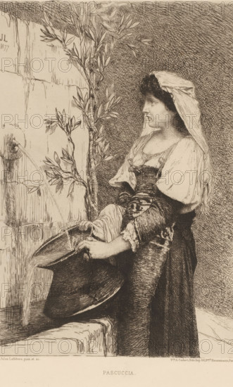 Woman filling a jug at a fountain, Pascuccia, L'eau-forte en 1878, French etching from 1878, print, Series number, 14, 30, watermark, collector's mark: 'AFE v S', printmaker: Jules Joseph Lefebvre, publisher: widow Alfred Cadart, Paris, 1878, paper, etching, drypoint, intaglio printmaking technique, height 278 mm x width 201 mm, utilitarian, public pump or water fountain, container of ceramics: jar, jug, pot, vase, A sepia-toned etched scene shows a young woman in profile standing beside a stone fountain, wearing a headscarf that drapes over her shoulders and a long dress with fitted sleeves and layered fabric at the bodice; she holds a large shallow basin under a spout from which a stream of water flows, and a slender leafy branch rises beside the fountain against a textured background.