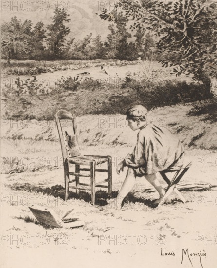 Painter's model looks at a painting, L'opinion du modèle, French etchings from 1878, L'eau-forte en 1878, print, Seated boy looks at a painting for which he served as a model., watermark, collector's mark: 'AFE v S', printmaker: Louis Monziès, publisher: widow Alfred Cadart, Paris, 1878, paper, etching, drypoint, intaglio printmaking technique, height 316 mm x width 237 mm, working situations, painter - CC - out of doors, model, sitter, painting - CC - out of doors, A monochrome sketch showing a grassy outdoor scene with trees and shrubbery in the background, a young person seated on a folding stool facing a simple wooden chair, the person wearing loose clothing and a cap and leaning forward with one hand extended toward the chair, a wooden chair with visible slats and a worn seat positioned between the person and the open grassy area, an artist's sketchbook and drawing tools lying on the ground nearby, and a large tree with detailed foliage framing the right side of the composition.