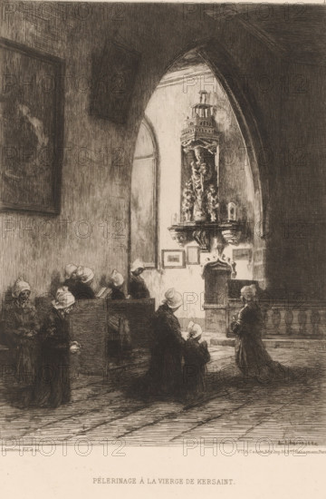 Pélerinage à la Vierge de Kersaint, Women praying in a church, French etching from 1878, L'eau-forte en 1878, print, Series number, 17, 30, collector's mark: 'AFE v S', watermark, printmaker: Léon Augustin Lhermitte, publisher: widow Alfred Cadart, Paris, 1878, paper, etching, drypoint, intaglio printmaking technique, height 282 mm x width 201 mm, interior of church, female saints, pilgrimage, pilgrim(s) under way, A dimly lit interior shows a high arched opening revealing a sculpted niche with an ornate statue elevated on a decorated ledge, flanked by a small alcove and framed pictures on the wall; wooden pews occupy the left foreground where seated figures wearing head coverings sit or kneel in various postures, some holding books, while a few standing and kneeling figures in similar attire face the statue; the floor is patterned with long planks and the walls are textured with fine vertical shading, and a large framed artwork hangs high on the left wall.