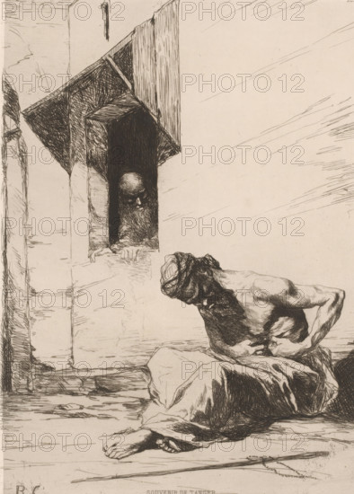 Sitting beggar in front of a house, Souvenir de Tangier, French etchings from 1878, L'eau-forte en 1878, print, Series number, 18, 30, collector's mark: 'AFE v S', watermark, printmaker: Benjamin Constant (1845-1902), publisher: widow Alfred Cadart, Paris, 1878, paper, etching, drypoint, intaglio printmaking technique, height 279 mm x width 199 mm, sitting on the ground, beggar, North Africa, Tangier, A detailed pen-and-ink scene shows a seated, partially draped male figure leaning forward with a cloth wrapped around his head and one arm across his abdomen, his bare feet extended toward the foreground and a long thin staff lying near them; to the left, a shadowed window or alcove contains a bearded head and hand peering out beneath an overhanging wooden canopy, while textured stone walls and architectural elements form the background and sparse linear marks fill the empty surrounding space.