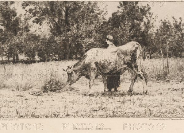 Woman and cow in meadow, Un verger au printemps, French etchings from 1878, L'eau-forte en 1878, print, Series number, 19, 30, collector's mark: 'AFE v S', watermark, printmaker: Léon Barillot, publisher: widow Alfred Cadart, Paris, 1878, paper, etching, drypoint, intaglio printmaking technique, height 200 mm x width 278 mm, meadow, pasture, cow, A sepia-toned etching shows a large grazing cow in the foreground with its head lowered to the grass, partially obscuring a standing figure behind it who appears to be wearing a dress and a head covering; the scene is set in a grassy meadow edged by dense trees and foliage with varied trunks and leafy canopies, and a distant figure is faintly visible among the trees; fine crosshatched lines create texture in the grass, the animal’s hide, the tree bark, and the shaded sky.