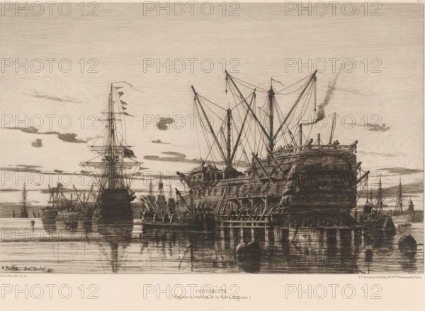 Portsmouth, View of ships in Portsmouth, L'eau-forte en 1878, French etchings from 1878, print, Series number, 20, 30, collector's mark: 'AFE v S', watermark, printmaker: Auguste Ballin, publisher: widow Alfred Cadart, Paris, 1878, paper, etching, drypoint, intaglio printmaking technique, height 241 mm x width 321 mm, harbour, A detailed etching of a harbor scene showing large sailing ships and a warship docked at a wooden pier, with tall masts, rigging, and spars dominating the skyline, small boats and barges moored alongside, figures visible on the decks and pier, a low horizon with calm water reflecting the vessels, and scattered clouds in a wide sky.