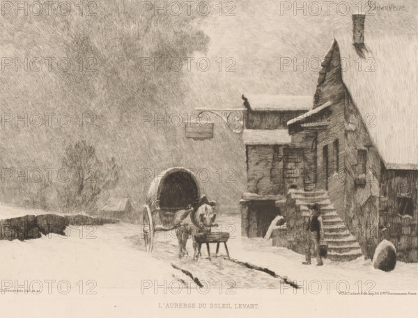L'auberge du soleil levant, Inn in the snow, French etchings from 1878, L'eau-forte en 1878, print, Series number, 21, 30, watermark, collector's mark: 'AFE v S', printmaker: Charles-Joseph Beauverie, after design by Charles-Joseph Beauverie, publisher: widow Alfred Cadart, Paris, 1878, Charles-Joseph Beauverie, widow Alfred Cadart, printmaker, publisher, paper, etching, drypoint, intaglio printmaking technique, height 200 mm x width 277 mm, snow, hotel, hostelry, inn, two-wheeled vehicle drawn by one animal (accident, collision, crash, traffic and transport), A snowy street scene in a monochrome etching showing a carriage pulled by a horse stopped near the entrance of a multi-level building with steep roofs and a chimney, a man standing by the building at the foot of exterior stairs, another person near the carriage, a wooden sign hanging from an ornate bracket on the building, snow-covered ground and rooftops, bare trees in the background, and textured shading filling the sky and sur...