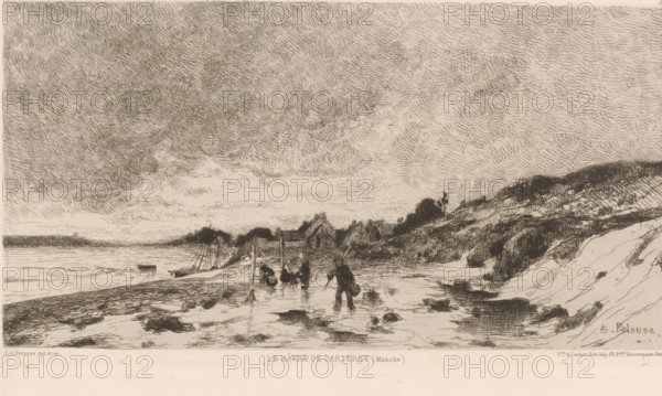 View of the harbor of Carteret, Le hâvre de Carteret, French etching from 1878, L'eau-forte en 1878, print, Series number, 23, 30, watermark, collector's mark: 'AFE v S', printmaker: Léon Germain Pelouse, publisher: widow Alfred Cadart, Paris, 1878, paper, etching, drypoint, intaglio printmaking technique, height 155 mm x width 277 mm, harbour, Manche, A monochrome etching shows a coastal scene with a wide sky filled with dense, short hatch marks suggesting heavy clouds. Along the shoreline there are low dunes and rocky outcrops rendered with crosshatching, and small buildings clustered near the water depicted with simple angular roofs. In the shallow water and on the wet sand a few human figures are shown bent over or walking, some carrying round objects, with their reflections visible on the wet surface. Small boats rest near the waterline and simple poles or stakes stand upright in the sand. The foreground features wet, textured sand with scattered dark patches and shallow pools, wh...