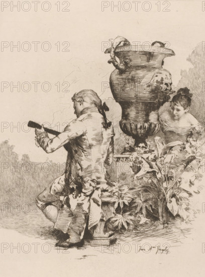 L'écoute, Man making music on a garden bench, French etchings from 1878, L'eau-forte en 1878, print, Series number, 29, 30, collector's mark: 'AFE v S', watermark, printmaker: Juan Antonio González, after design by Juan Antonio González, publisher: widow Alfred Cadart, Paris, 1878, Juan Antonio González, widow Alfred Cadart, printmaker, publisher, paper, etching, drypoint, intaglio printmaking technique, height 277 mm x width 199 mm, listening to music - CC - out of doors, garden vase, one person playing an instrument, A monochrome etching shows a seated man viewed from behind holding a long cylindrical object, wearing a coat with visible seams and a tied ribbon at the back of his head, his legs and shoe visible beneath a draped cloth; next to him is a large ornate urn with carved handles and a sculpted face on its side, set on a pedestal partly hidden by foliage; a woman with her hair up leans forward near the urn, her shoulders bare and her face turned toward the man; dense leafy pla...