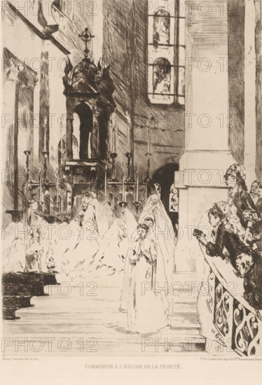 Communion à l'église de la Trinité, First Holy Communion in a church, French etching from 1878, L'eau-forte en 1878, print, Series number, 30, collector's mark: 'AFE v S', watermark, printmaker: Henri Gervex, after design by Henri Gervex, publisher: widow Alfred Cadart, Paris, 1878, Henri Gervex, widow Alfred Cadart, printmaker, publisher, paper, etching, drypoint, intaglio printmaking technique, height 279 mm x width 193 mm, first communion, interior of church, A sepia-toned interior scene of a church rendered in fine linework shows a procession of veiled figures moving toward an ornate altar area with tall candlesticks and a gilded tabernacle topped by a cross; a large window with segmented panes and faint decorative images admits light above the altar, and heavy architectural columns and carved railings frame the space. On the right, a group of onlookers leans over an intricately patterned balustrade, one person holding a small book, while a central figure in the foreground stands w...