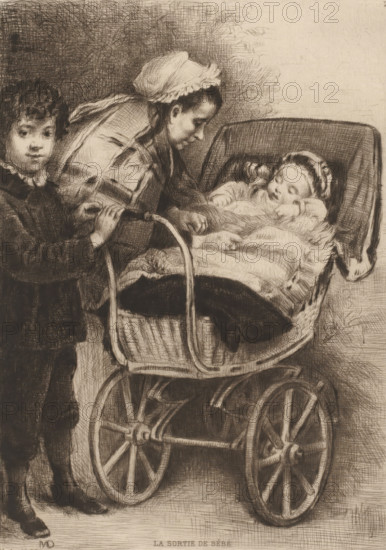 The baby's exit, Woman and boy with child in pram, French etchings from 1879, The water-forte in 1879, print, Series number, 2, 30, This probably depicts the artist's wife and two sons (Andre Mycho and Tchiquine)., collector's mark: 'AFE v S', printmaker: Marcellin Gilbert Desboutin, after design by Marcellin Gilbert Desboutin, publisher: widow Alfred Cadart, Paris, 1879, Marcellin Gilbert Desboutin, widow Alfred Cadart, printmaker, publisher, paper, etching, drypoint, intaglio printmaking technique, height 279 mm x width 198 mm, mother and child(ren), woman and child(ren) (family group), baby-carriage, pram, perambulator, A monochrome sketch showing a young woman leaning over a bassinet, her head covered with a ruffled cap and her hair pulled back, as she looks down toward a sleeping infant wrapped in a thick blanket inside the bassinet; a child stands beside them holding the bassinet handle and looking outward with curly hair and a collared garment; the bassinet rests on a wheeled un...