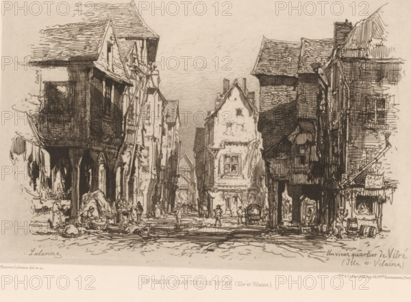 View of an old district of Vitré, Un vieux quartier de Vitré, L'eau-forte en 1879, French etching from 1879, print, Series number, 7, 30, collector's mark: 'AFE v S', watermark, printmaker: Maxime François Antoine Lalanne, publisher: widow Alfred Cadart, Paris, 1879, paper, etching, drypoint, intaglio printmaking technique, height 196 mm x width 277 mm, city-view in general, 'veduta', Vitré, A detailed monochrome etching of a narrow street flanked by tall, timber-framed buildings with steep, textured roofs and overhanging upper stories, showing visible wooden beams, shutters, and chimneys; the street is lined with small figures of people walking or standing, market stalls, carts, barrels, and scattered goods, with cobbled paving underfoot and shadows suggesting depth; the sky is lightly crosshatched, and the overall scene is rendered with fine, intricate linework and dense hatching to depict architectural details and street activity.