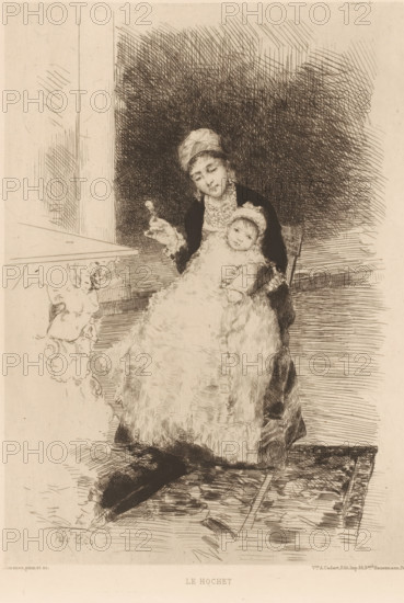 The lap, Woman with child on lap, French etchings from 1879, L'eau-forte en 1879, print, Series number, 8, 30, watermark, collector's mark: 'AFE v S', printmaker: Luis Jiménez y Aranda, publisher: widow Alfred Cadart, Paris, 1879, paper, etching, drypoint, intaglio printmaking technique, height 277 mm x width 190 mm, mother and baby or young child, rattle (child's toy), A monochrome etching showing a seated woman holding a baby on her lap, the woman wearing a head covering and a dark outer garment with a patterned collar and holding a small object between her fingers, the baby wrapped in a long, frilly gown and cap, both figures rendered with fine crosshatching against a densely hatched dark background, a wooden chair partially visible behind them and a patterned rug beneath, decorative carved furniture edge at the left and areas of linear floorboards and ornamental details around the lower edge.