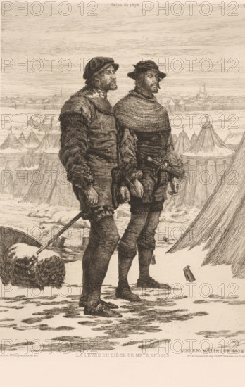 Two soldiers in a tent camp, La levée du siège de Metz en 1553, L'eau-forte en 1879, French etching from 1879, print, Series number, 10, 30, collector's mark: 'AFE v S', watermark, printmaker: Lucien-Étienne Mélingue, publisher: widow Alfred Cadart, Paris, 1879, paper, etching, drypoint, intaglio printmaking technique, height 277 mm x width 197 mm, (military) camp with tents, Two men stand side by side in period clothing, both wearing hats and layered garments with textured sleeves and leggings, one holding a sword at his side and the other with a sheathed weapon at his waist; their faces show beards and mustaches and they look outward. Behind them a landscape of tents of varying shapes fills the middle ground, with fabric folds and tent poles visible and small structures or rooftops beyond. The ground beneath the men's feet is uneven with patches of snow or rough textures and scattered pieces of wood or debris. The sky above is filled with horizontal line shading suggesting clouds or ...