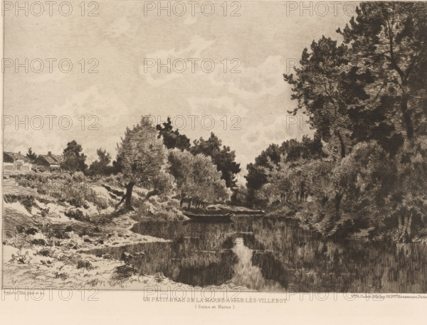 Forest landscape with river, Un petit bras de la Marne à Isle-lès-Villenoy, L'eau-forte en 1879, French etching from 1879, print, Series number, 15, 30, collector's mark: 'AFE v S', watermark, printmaker: Edmond Charles Joseph Yon, publisher: widow Alfred Cadart, Paris, 1879, paper, etching, drypoint, intaglio printmaking technique, height 198 mm x width 277 mm, forest, wood, river, Seine-et-Marne, A monochrome etching depicting a riverside scene with trees and vegetation along both banks, a small boat moored at the water's edge, and reflections in the calm water, with clusters of trees of varying sizes framing the scene and a grassy, textured shoreline on one side beneath a sky with lightly sketched clouds.
