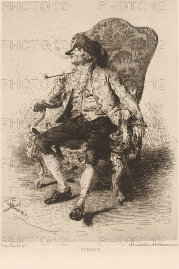 Fumeur, Pipe smoking man in chair, L'eau-forte en 1879, French etching from 1879, print, Series number, 20, 30, collector's mark: 'AFE v S', printmaker: Eleuterio Pagliano, publisher: widow Alfred Cadart, Paris, 1879, paper, etching, drypoint, intaglio printmaking technique, height 240 mm x width 178 mm, pipe, tobacco, sitting figure, A seated man wearing a tricorn hat and an ornate coat with large buttons reclines in a carved armchair with a patterned high back, holding a long pipe to his mouth with one hand while smoke curls outward, his other hand rests on the chair arm, his legs are crossed at the knee and he wears breeches, stockings, and buckled shoes, the image rendered in detailed etched lines on a light background.