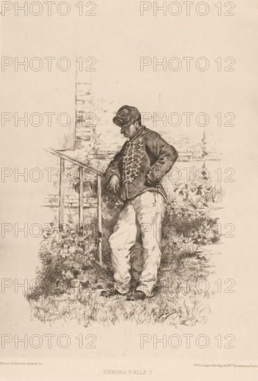 Waiting soldier, Viendra-t-elle?, L'eau-forte en 1879, French etching from 1879, print, Series number, 24, 30, watermark, collector's mark: 'AFE v S', printmaker: Etienne Prosper Berne-Bellecour, publisher: widow Alfred Cadart, Paris, 1879, paper, etching, drypoint, intaglio printmaking technique, height 277 mm x width 197 mm, the soldier, the soldier's life, one lover waiting for the other, A sepia-toned sketch of a man standing outdoors beside a wooden railing and a low fence, wearing a hat and a jacket with decorative braiding on the front, his head tilted downward and one arm resting on the railing while the other is placed on his hip; he wears light-colored trousers and dark shoes, and stands on grass surrounded by foliage and flowering plants with a brick wall or building faintly suggested behind him.