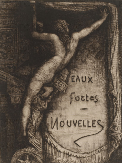 Eaux Fortes Nouvelles, Title print with naked woman revealing title, French etchings from 1880, L'eau-forte en 1880, print, title print, watermark, collector's mark: 'AFE v S', printmaker: François Nicolas Chifflart, publisher: widow Alfred Cadart, Paris, 1880, paper, etching, drypoint, intaglio printmaking technique, height 318 mm x width 236 mm, veil, A detailed etching shows a nude human figure seen from the back, reaching upward with one arm extended and the other bent, long hair cascading down the spine, musculature and contours rendered with fine crosshatching; the figure is entwined with draped fabric and ornamental scrollwork, set against a textured background with a vertical panel on one side and a curved frame on the other, all executed in dark, closely drawn lines and subtle shading.