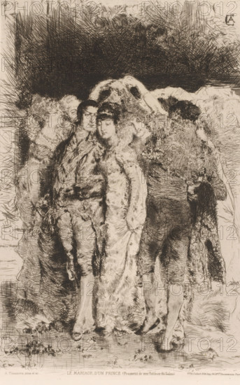 Marriage of a prince, Le mariage d'un prince, French etchings from 1880, L'eau-forte en 1880, print, Series number, 2, 30, collector's mark: 'AFE v S', watermark, printmaker: Antonio Casanova y Estorach, after design by Antonio Casanova y Estorach, publisher: widow Alfred Cadart, Paris, 1880, Antonio Casanova y Estorach, widow Alfred Cadart, printmaker, publisher, paper, etching, drypoint, intaglio printmaking technique, height 297 mm x width 199 mm, prince, betrothal and marriage, A group of people dressed in ornate historical clothing stand closely together in a crowded composition, with a central couple at the forefront; the woman wears a long, flowing gown with a fur-lined mantle and a decorative headpiece, while the man beside her is dressed in a richly textured coat, breeches, and stockings, his hand resting near her waist. Surrounding them are other figures in elaborate attire, some partially obscured, their faces rendered with delicate, soft features and varied hairstyles; one ...