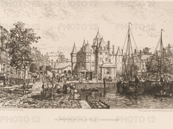 View of the Waag on the Nieuwmarkt, Le wagg-poids de la ville d'Amsterdam, L'eau-forte en 1880, French etchings from 1880, print, Series number, 7, 30, collector's mark: 'AFE v S', watermark, printmaker: Maxime François Antoine Lalanne, after design by Maxime François Antoine Lalanne, publisher: widow Alfred Cadart, Paris, 1880, Maxime François Antoine Lalanne, widow Alfred Cadart, printmaker, publisher, paper, etching, drypoint, intaglio printmaking technique, height 200 mm x width 280 mm, canals, waters (in city), locations for trading, Amsterdam, Waag on the Nieuwmarkt, A detailed ink drawing of a waterfront scene showing a stone building with towers and steep roofs at the center, flanked by rows of narrow buildings and trees along the quayside, with many small boats and larger masts in the water to the right, a busy quay area with carts, barrels, and groups of people engaged in various activities in front of the central building, cobbled streets and quay edges in the foreground, an...