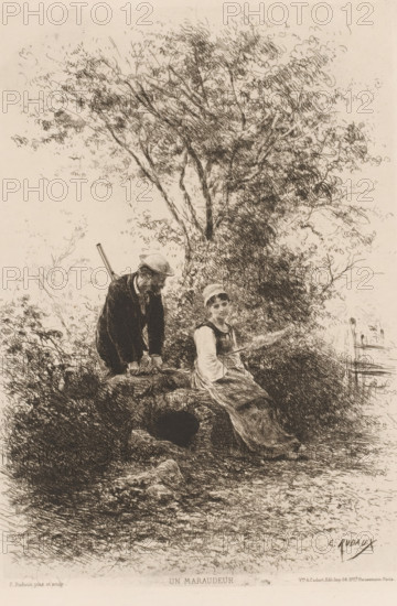 Forest landscape with hunter and a seated young farmer's wife, Un maraudeur, L'eau-forte en 1880, French etching from 1880, print, Series number, 8, 30, watermark, collector's mark: 'AFE v S', printmaker: Edmond Adolphe Rudaux, after design by Edmond Adolphe Rudaux, publisher: widow Alfred Cadart, Paris, 1880, Edmond Adolphe Rudaux, widow Alfred Cadart, printmaker, publisher, paper, etching, drypoint, intaglio printmaking technique, height 278 mm x width 198 mm, farmers - AA - female farmer, farmer's wife, lovers, courting, flirting, hunter, A detailed sepia-toned etching shows two figures seated on a rocky outcrop beneath a leafy tree, one figure wearing a hat and simple dress with sleeves rolled or puffed, seated and holding a long thin object across their lap, the other figure leaning forward with hands resting on the rock and a long stick or rod slung across their back, both surrounded by dense foliage and textured ground, with branches and leaves sketched above and behind them and...