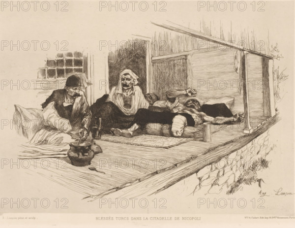 Wounded men lying on a veranda, Blessés Turcs dans la citadelle de Nicopoli, French etching from 1880, L'eau-forte en 1880, print, Series number, 9, 30, collector's mark: 'AFE v S', watermark, printmaker: Auguste André Lançon, publisher: widow Alfred Cadart, Paris, 1880, paper, etching, drypoint, intaglio printmaking technique, height 205 mm x width 277 mm, patient, sick person, medical aid and nursing of the sick and wounded, Greece, A pen-and-ink scene of a wooden porch or covered platform showing four reclining figures in simple clothing and head coverings, two seated upright near the center and left and two lying down across the platform; a window with small panes appears behind the left figure, and a dark recessed doorway or interior space sits behind the central seated figure; a pot with a long handle rests on the floor near the left foreground beside folded cloth and a low cup, while a rug or mat lies under the figures and a log or bolster supports one of the reclining figures' ...