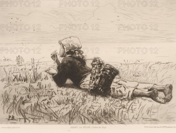 Avant la pèche, Girl lying in the grass, L'eau-forte en 1880, French etching from 1880, print, Series number, 12, 30, collector's mark: 'AFE v S', watermark, printmaker: Pierre-Célestin Billet, publisher: widow Alfred Cadart, Paris, 1880, paper, etching, drypoint, intaglio printmaking technique, height 199 mm x width 273 mm, girl (child between toddler and youth), lying figure - AA - female human figure, A person lies prone on grassy ground facing away from the viewer, wearing a cap and a dark textured coat, with a patterned woven bag or basket beside them and legs stretched out showing rolled trousers and simple footwear; the foreground shows detailed grass and small plants rendered with fine lines, and the middle distance contains low shoreline vegetation and a distant pair of small figures standing near the water; the sky above is wide and pale with wispy, horizontal cloud lines and scattered small birds.