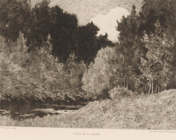 Forest landscape with the river Marne, Bords de la Marne, L'eau-forte en 1880, French etchings from 1880, print, Series number, 13, 30, collector's mark: 'AFE v S', watermark, printmaker: Edmond Charles Joseph Yon, publisher: widow Alfred Cadart, Paris, 1880, paper, etching, drypoint, intaglio printmaking technique, height 238 mm x width 318 mm, forest, wood, river, Marne (river), A monochrome etching showing a riverside landscape with dense foliage and trees along the water's edge, textured grassy banks in the foreground leading down to a calm reflective stretch of water, varied tree canopies forming dark masses against a lighter sky, detailed crosshatched shading throughout, and a lighter open area of sky visible above the treetops.
