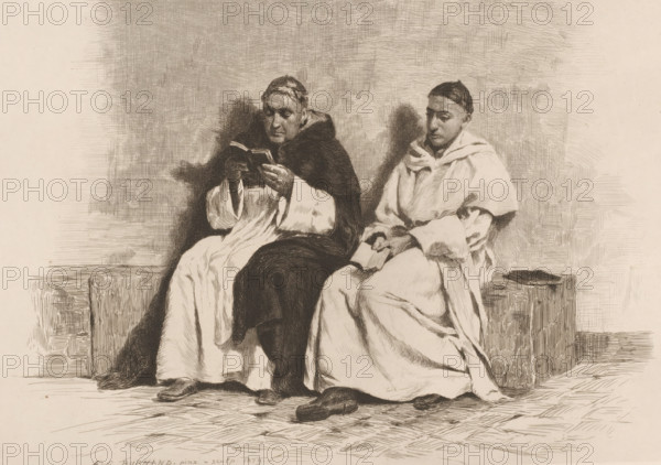 Au couvent, Two seated monks, French etching from 1880, L'eau-forte en 1880, print, Series number, 19, 30, collector's mark: 'AFE v S', watermark, printmaker: Eugène Burnand, publisher: widow Alfred Cadart, Paris, 1880, paper, etching, drypoint, intaglio printmaking technique, height 211 mm x width 292 mm, reading the Bible or other religious books, monk(s), friar(s), Two seated figures in robes occupy the center of the image, both wearing head coverings and long garments that drape over their legs, with one figure holding and looking at an open book while the other holds a closed book on their lap. The left figure's robe appears darker with lighter sleeves and a hooded collar, and the right figure's robe is lighter with folds and a wrapped neckline. Both figures sit on a bench or stone block, and a separate block with a flat object rests beside the right figure. The background is textured with crosshatched shading, and the floor shows linear marks indicating surface texture beneath th...