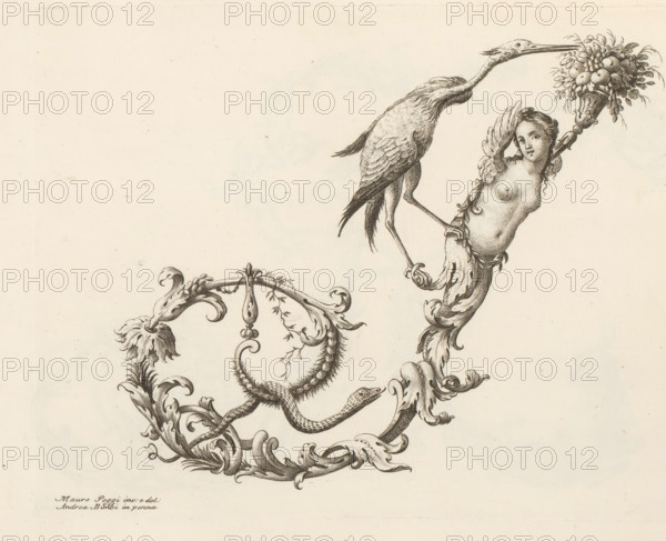 Ornamental letter I, Ornamental alphabet, Alfabeto di lettere inizial, print, album page, decorated with a bird, a snake, and a winged female figure. Print is part of an album., printmaker: Lorenzo Lorenzi, Italy, after drawing by Mauro Poggi, after drawing by Andrea Bimbi, 1745 - 1765, paper, etching, engraving, height 228 mm x width 317 mm, This print is part of a series of 24 prints (title print) with ornamental letters., letters, alphabet, script, fancy letters, A detailed black ink ornamental drawing on a light background showing a long-necked bird perched on a curving leafy scroll, the bird's beak touching a basket of fruit held aloft by a partially nude winged female figure whose torso emerges from an ornate flowing acanthus form, connected to swirling vegetal scrolls that incorporate a coiled snake and decorative flourishes.
