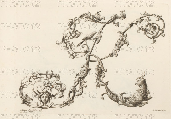 Ornamental letter K, Alphabet of initial letters, Ornamental alphabet, print, album page, decorated with a mask, a bird, and a goat with a fish tail. Print is part of an album., printmaker: Lorenzo Lorenzi, Italy, after drawing by Mauro Poggi, after drawing by Andrea Bimbi, 1745 - 1765, paper, etching, engraving, height 226 mm x width 319 mm, This print is part of a series of 24 prints (title print) with ornamental letters., letters, alphabet, script, fancy letters, An ornate ink drawing on a light paper background showing intricate scrolling foliage and ribbonlike loops, a small perched bird resting on one of the curved branches, a decorative circular motif with a stylized floral element, a human face framed by flowing ornamental ribbonwork, and a mythical creature with a goatlike head and scaled, fishlike body emerging from a leafy scroll.
