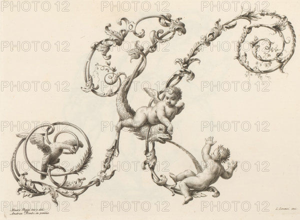 Ornamental letter N, Ornamental alphabet, Alfabeto di lettere inizial, print, album page, decorated with two putti, a bird and a fish. Print is part of an album., printmaker: Lorenzo Lorenzi, Italy, after drawing by Mauro Poggi, after drawing by Andrea Bimbi, 1745 - 1765, paper, etching, engraving, height 226 mm x width 315 mm, This print is part of a series of 24 prints (title print) with ornamental letters., letters, alphabet, script, fancy letters, A cream-colored sheet with ornate ink illustrations showing curling acanthus-like scrollwork and spiraling framed shapes, a cherubic figure with small wings reclining on a stylized fish head and gripping a ring, another cherub reaching upward with a laurel wreath on its head, a bird perched within a looping circular frame, detailed feather and leaf motifs, and decorative curving stems and flourishes.