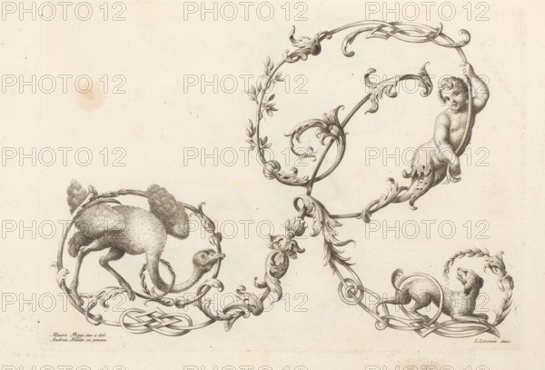Ornamental letter R, Ornamental alphabet, Alfabeto di lettere inizial, print, album page, decorated with an ostrich, a dog, and a naked boy ending in ornament. Print is part of an album., printmaker: Lorenzo Lorenzi, Italy, after drawing by Mauro Poggi, after drawing by Andrea Bimbi, 1745 - 1765, paper, etching, engraving, height 225 mm x width 314 mm, This print is part of a series of 24 prints (title print) with ornamental letters., letters, alphabet, script, fancy letters, A detailed ink drawing on aged paper shows ornate scrolling foliage and ribbon-like loops forming circular frames that contain animal figures, including a young cherublike figure holding one of the loops, a long-necked bird with shaggy plumage positioned within another circular frame, and a reclining mammal with curled limbs inside a separate loop; the decorative elements feature acanthus-style leaves, curled tendrils, and entwined bands, all rendered with fine linework and stippling on a pale, lightly stained bac...